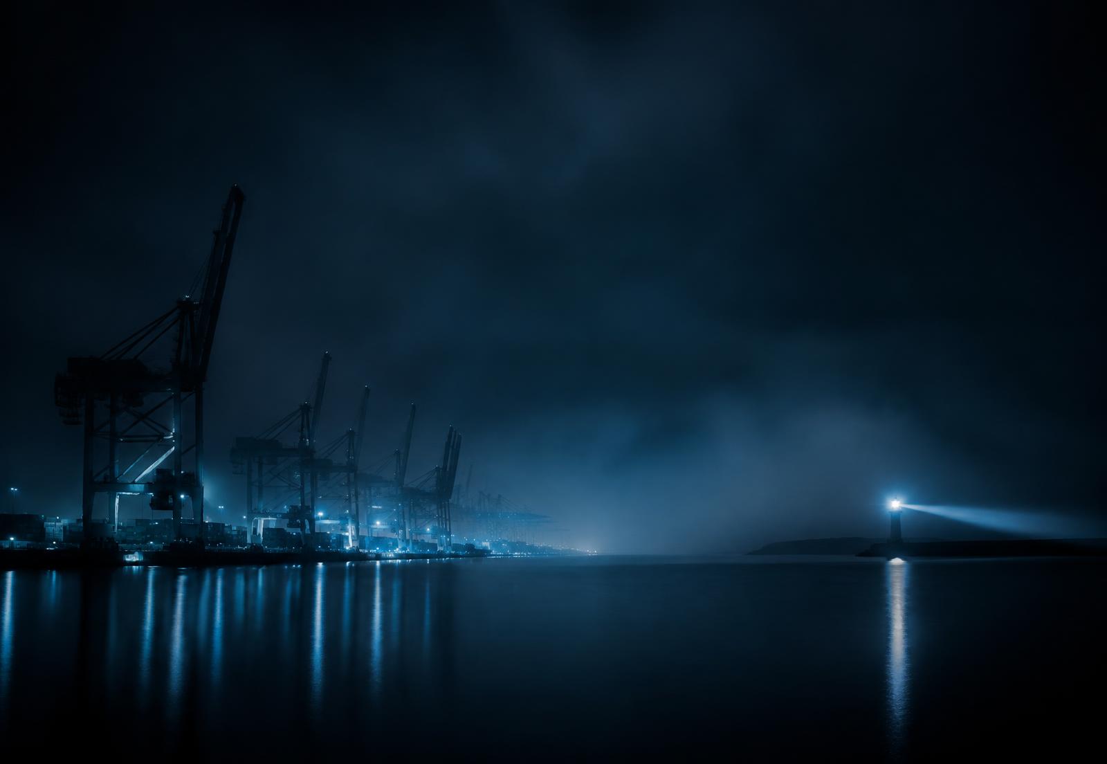 Night harbor with silhouetted cranes and a distant lighthouse beam across black water